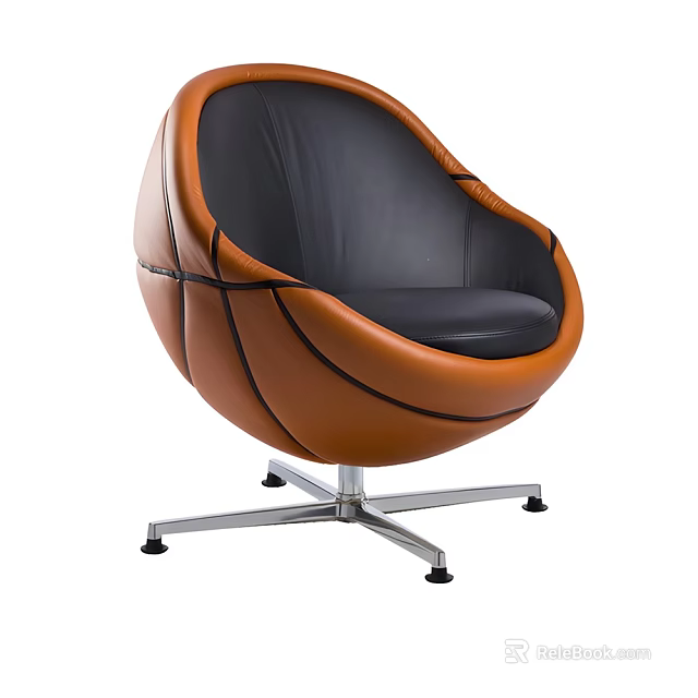 Orange And Black Egg Shaped Modern Accent Chair With Leather Seat And Silver Metal Base 3d model 