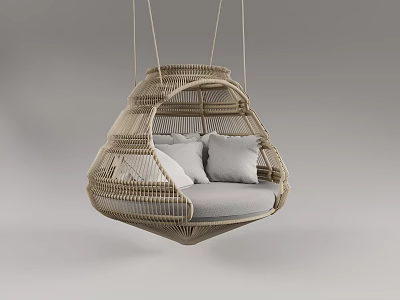 Outdoor Hanging Rattan Chair With Gray Cushions Modern Style For Patio Area 3d model