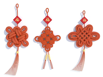 Traditional Chinese Knot Pendant with Red Fu Character and Tassel Decoration 3d model
