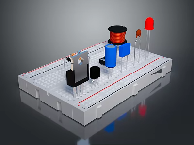 Experimental Electronic Circuit Breadboard With Resistors Capacitors LED And Coil Components 3d model