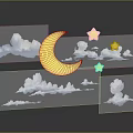 Night Sky Scene With Yellow Crescent Moon White Clouds And Stars
