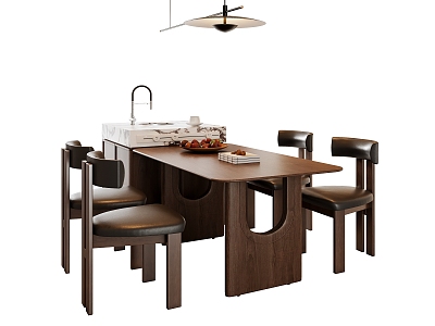 Modern Middle-ancient Style Dining Table and Chair Combination Island Table Dining Table and Chair Chandelier Wooden Dining Chair Fruit Dining Table Ornaments 3d model