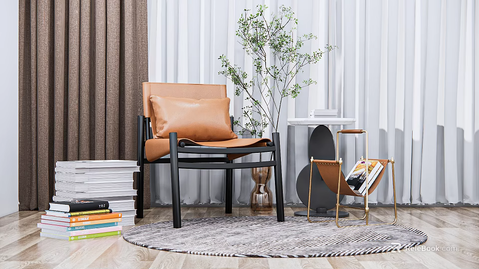 Modern Leisure Chair Featuring Brown Leather Cushion Black Frame And Indoor Plant With Woven Rug 3d model 