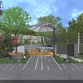 Modern Garden Landscape Design With Patio Umbrella Seating Water Feature Trees And Lighting