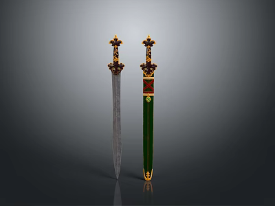 Ornate Swords Featuring Silver Blade Green Scabbard Gold Red Accents And Cross Hilt 3d model