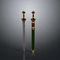 Ornate Swords Featuring Silver Blade Green Scabbard Gold Red Accents And Cross Hilt