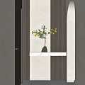 Modern Wooden Partition Design With White Marble Shelf Decorative Vase Yellow Flowers And Warm Lighting