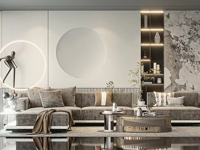 Modern Elegant Sofa Coffee Table Set with Gray Cushions Circular Wall Decor and Lighting 3d model