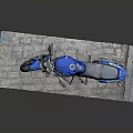 Stylish Blue Motorcycle Side View With Black Seat On Gray Platform
