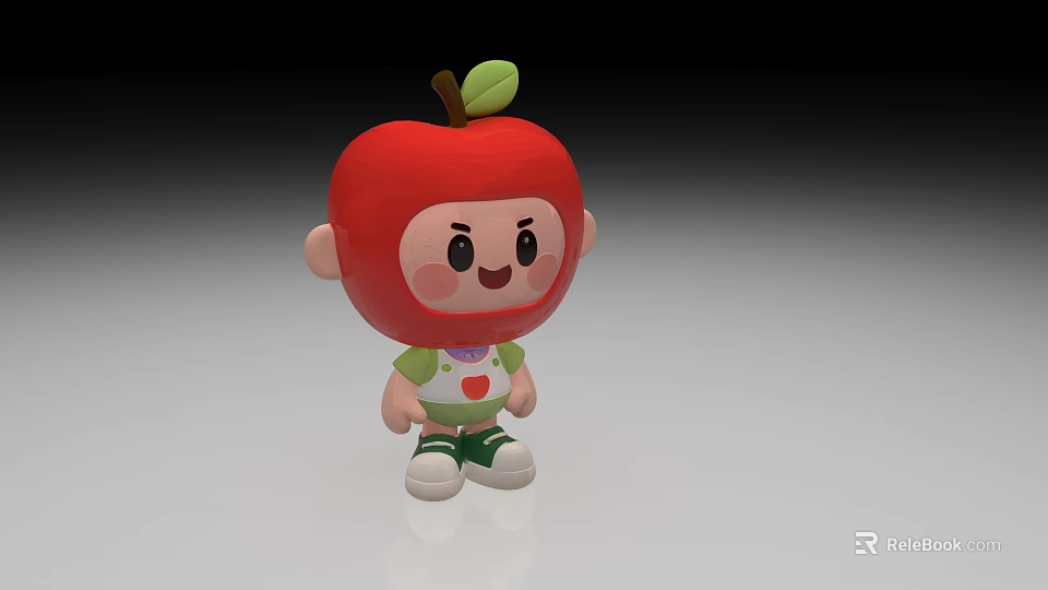 Cute Cartoon Character With Apple Shaped Red Head Green Clothes And Leaf 3d model 