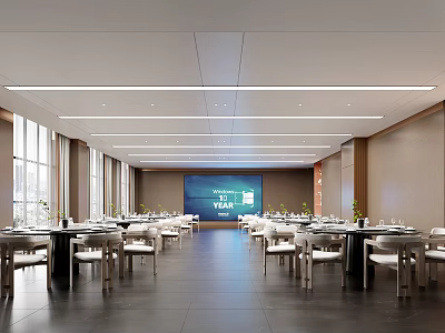 Modern Banquet Hall Interior Design With Long Tables Chairs Large Screen And Ceiling Lighting 3d model