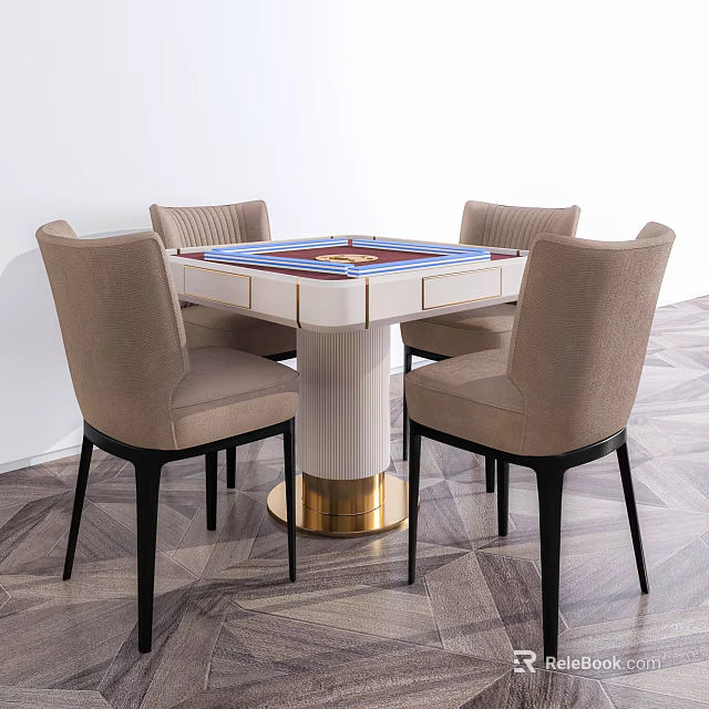 Modern Elegant Entertainment Table With Blue Top Round Center And Four Beige Chairs 3d model 