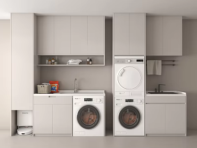 Modern Light Gray Bathroom Cabinetry With Washing Machine Dryer Storage Cabinets And Sink 3d model