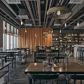 Modern Industrial Bar Interior With Wooden Tables Pendant Lights Bookshelves Bar Counter And Chairs