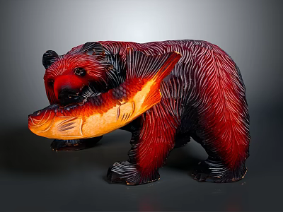 Detailed Carved Bear Sculpture Holding Orange Fish With Red Textured Fur 3d model