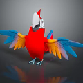Colorful Red Parrot With Blue And Yellow Spread Wings Standing With Reflection On Dark Surface