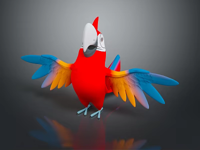 Colorful Red Parrot With Blue And Yellow Spread Wings Standing With Reflection On Dark Surface 3d model