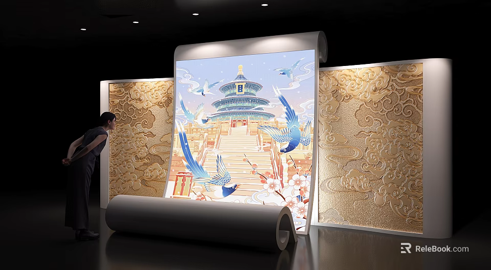 Chinese Style Background Wall With Temple of Heaven Flying Birds And Golden Relief 3d model 
