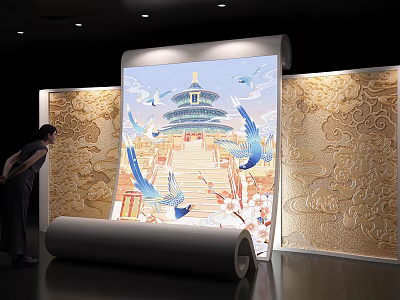 Chinese Style Background Wall With Temple of Heaven Flying Birds And Golden Relief 3d model
