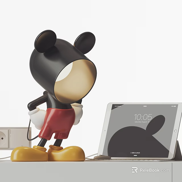 Mickey Mouse Table Lamp with Black Ears Red Shorts Yellow Feet and Tablet Showing Time 3d model 