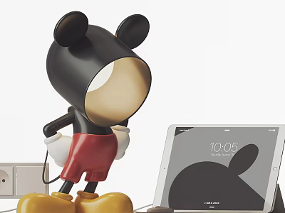 Mickey Mouse Table Lamp with Black Ears Red Shorts Yellow Feet and Tablet Showing Time 3d model