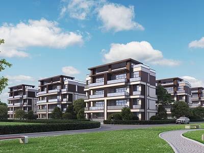 Modern Multi Story Residential Building Exterior Design With Green Lawn Trees And Pathway 3d model