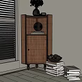 Wooden Decorative Cabinet With Moon Decoration Vase Flowers And Book Stack By Window Blinds
