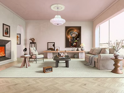 Cozy Living Room Interior Featuring Beige Sofa Coffee Table Chandelier Fireplace And Herringbone Wooden Floor 3d model
