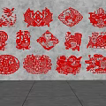 Traditional Red Paper Cut Wall Decor With Decorative Patterns Hanging On Gray Wall 3d model