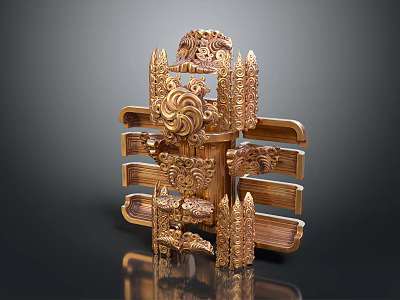 Golden Carved Decorative Ornament With Intricate Patterns And Symmetrical Structure 3d model