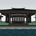 Traditional Chinese Pavilion Architecture With Overhanging Eaves Water Reflection And Wooden Frame Design