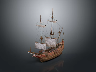 Ancient Wooden Sailing Ship with Multiple Masts and White Sails as Water Transport 3d model