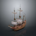 Ancient Wooden Sailing Ship with Multiple Masts and White Sails as Water Transport
