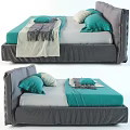Double Bed With Gray Frame Teal Bedspread And Beige Gray Pillows Blanket 3d model