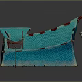 Blue Patterned Tent Structure With Open Flap Support Poles And Ropes