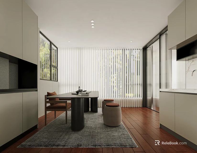 Modern Tea Room Interior Design With Open Layout Wooden Flooring And Blinds Table 3d model