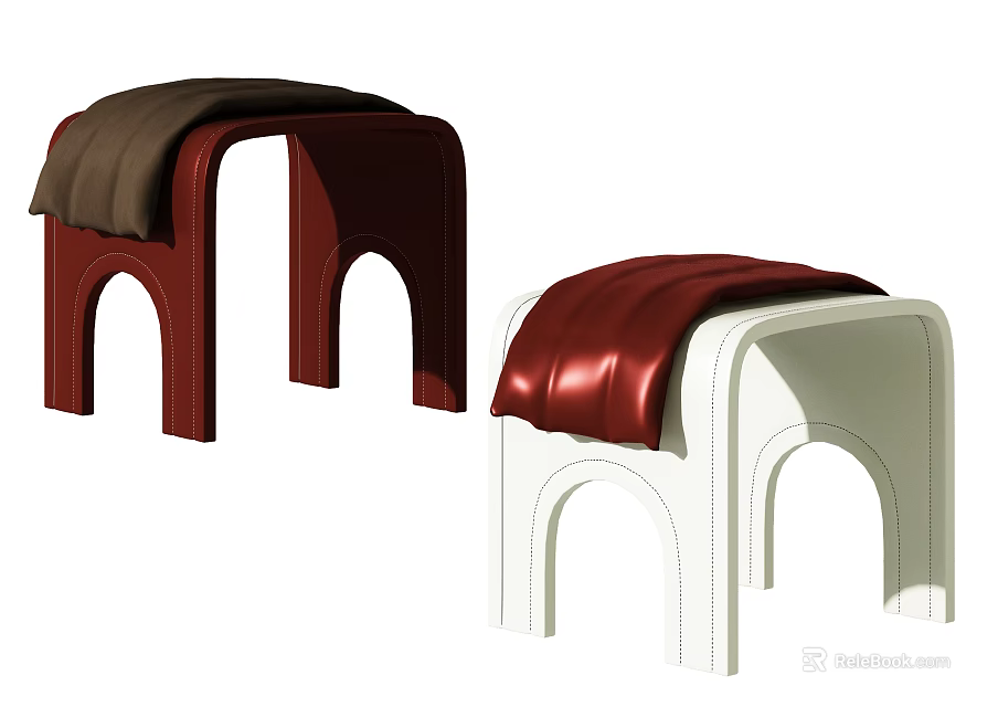 Modern Arched Design Stools with Red White Frames and Brown Red Padded Seats 3d model 