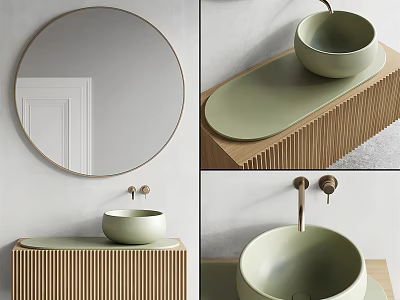 Modern Bathroom Vanity With Green Vessel Sink Round Mirror And Brass Faucet 3d model