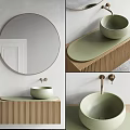 Modern Bathroom Vanity With Green Vessel Sink Round Mirror And Brass Faucet