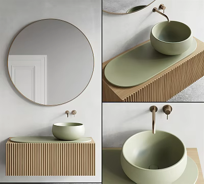 Modern Bathroom Vanity With Green Vessel Sink Round Mirror And Brass Faucet 3d model