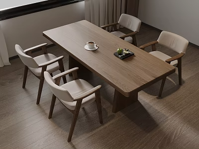 Natural Dining Interior With Wooden Long Table Four Chairs Coffee Cup Tray 3d model
