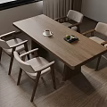 Natural Dining Interior With Wooden Long Table Four Chairs Coffee Cup Tray