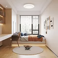 Modern Tatami Bedroom Interior with Tatami Bed Wardrobe Desk and Wall Art