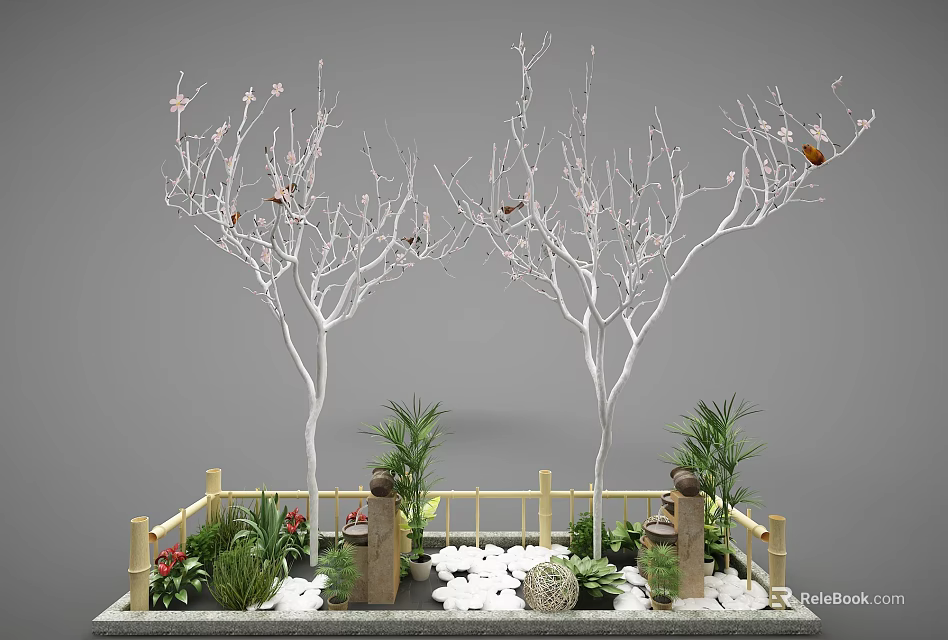 Garden Ornament With Two White Trees Pink Blossoms Green Plants Bamboo Fence And White Pebbles 3d model 