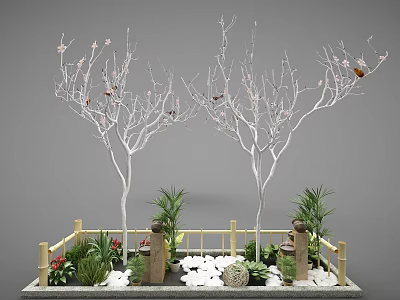 Garden Ornament With Two White Trees Pink Blossoms Green Plants Bamboo Fence And White Pebbles 3d model