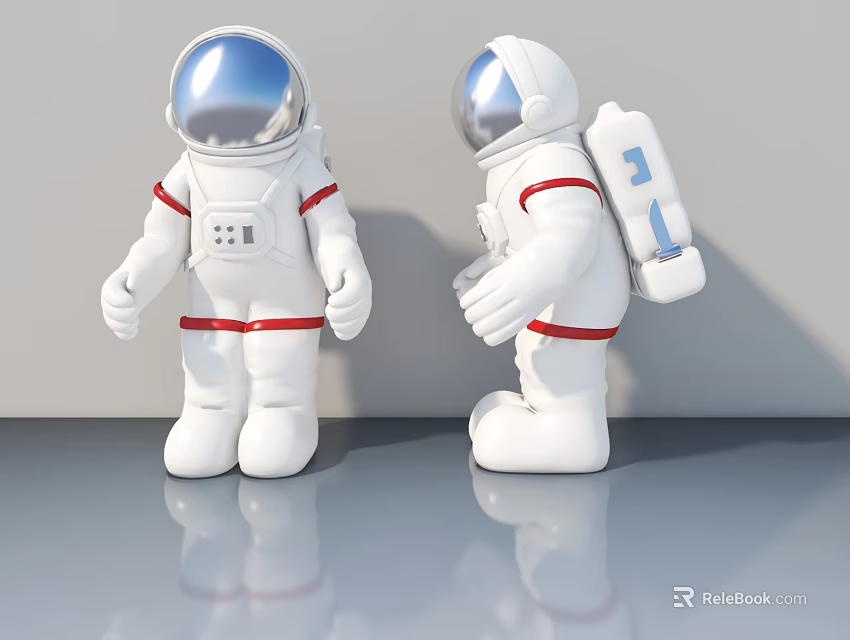 White Astronaut Figurines With Red Stripes By Modern Swing Door On Reflective Floor 3d model 