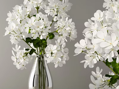 Elegant White Flowers In Transparent Glass Vase With Green Leaves For Home Decor 3d model