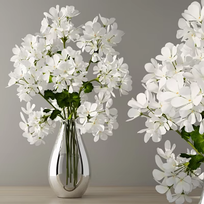 Elegant White Flowers In Transparent Glass Vase With Green Leaves For Home Decor 3d model