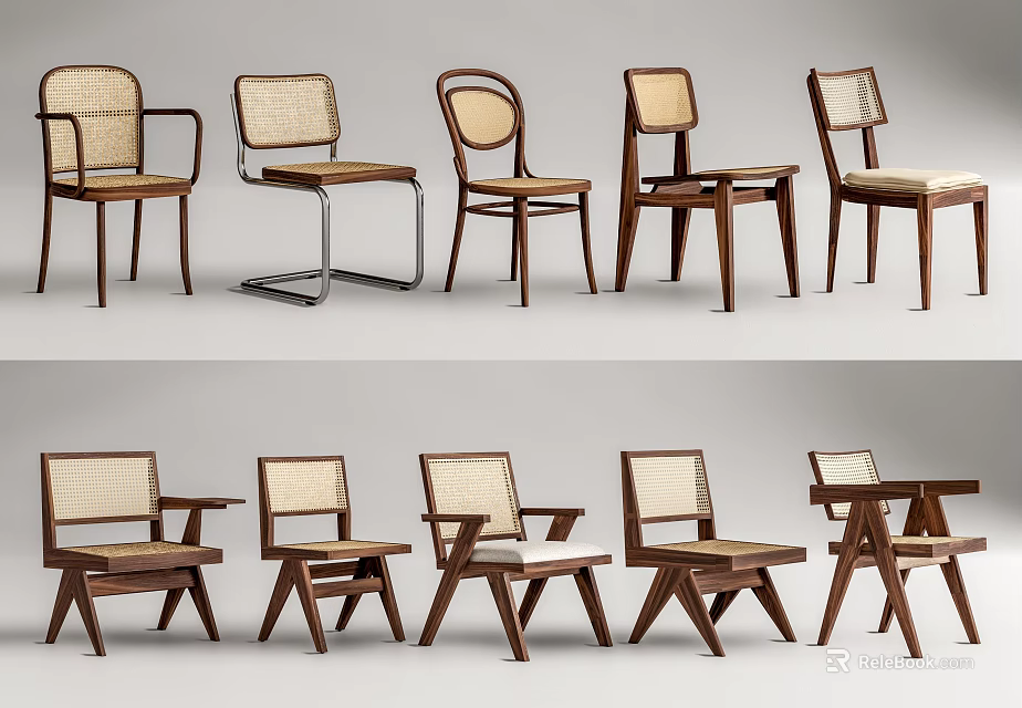 Collection of Various Design Dining Chairs with Wooden Frames and Rattan Details 3d model 