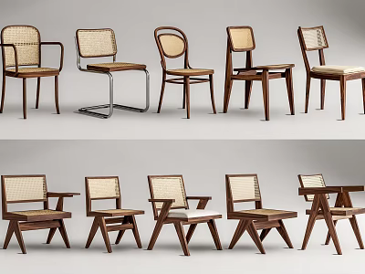 Collection of Various Design Dining Chairs with Wooden Frames and Rattan Details 3d model